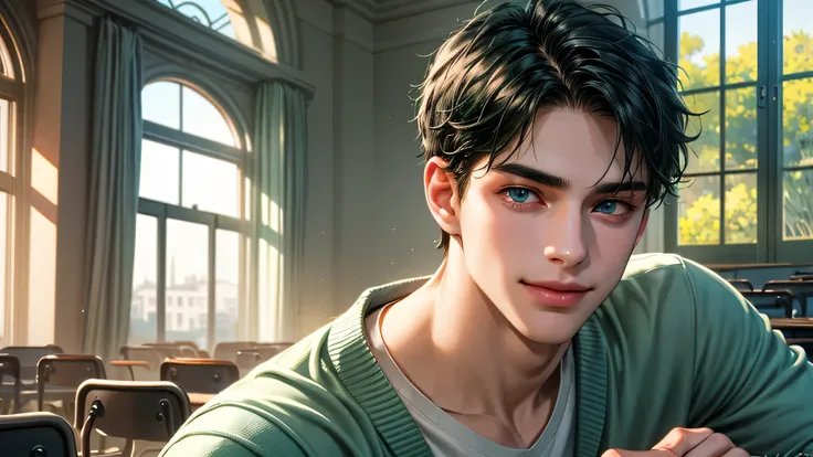 Ultra HD, high definition, Handsome young man, Grayish black hair, short hair, blue eyes, ombros largos, masterpiece, Absurd, Beautiful and detailed face, with dark green long sleeved sweater, Sunny daytime environment,  in a colorful classroom, gentle smi...