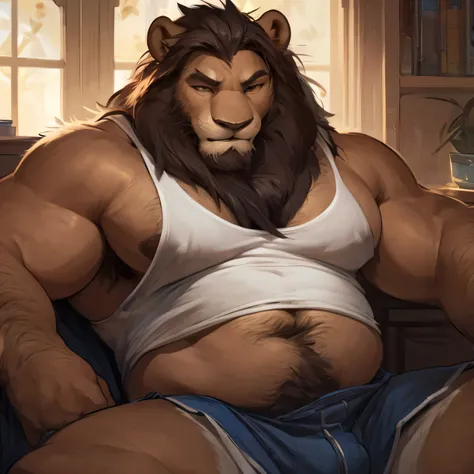 medium long hair, furry,male , lion antropoide, big body, thick beard, seductive  , DETAILED , mid body , hairy body, tight tank top, extremely hot and sexy, Closed eye, por nullghost ,by darkgem, by Glitter Trap Boy