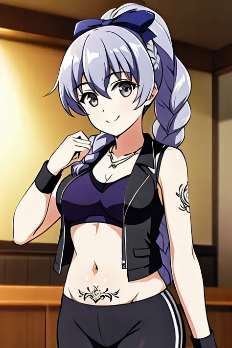 1girl, solo, braided ponytail, looking at viewer, blue bow, single braid, grey eyes, grey hair,(( vest bust, medium bust, petite body, wide open breast tea, highest valley, black sports bra, black sports pants, belly tattoo, wristband, black jacket, neckla...