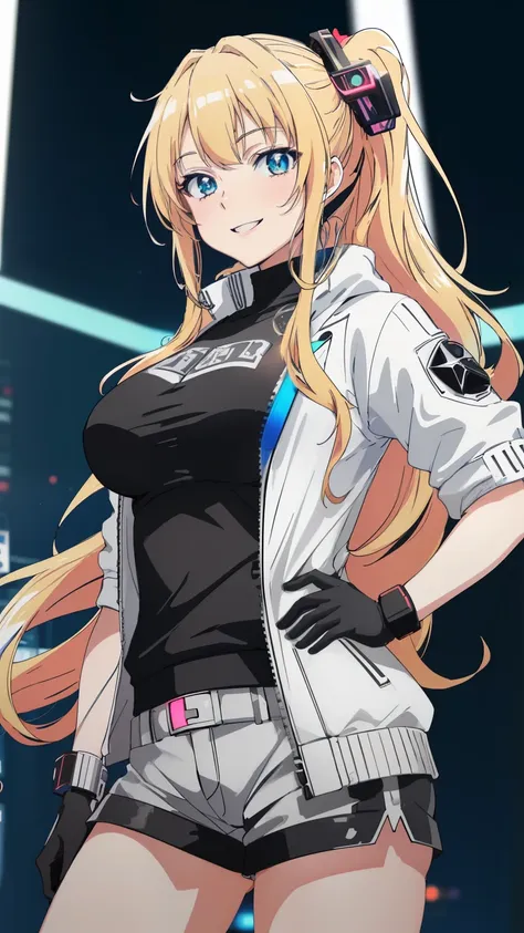 (Highest quality, high resolution, 8k:1.2),(anime coloring:1.4), beautiful eyes, highly detailed face, detailed CG, 1 girl, gyaruko, (blond hair:1.2), big breasts, smiling, (silver jacket, T-shirt, shorts, cyberpunk style, night city, neon lights), glowing...