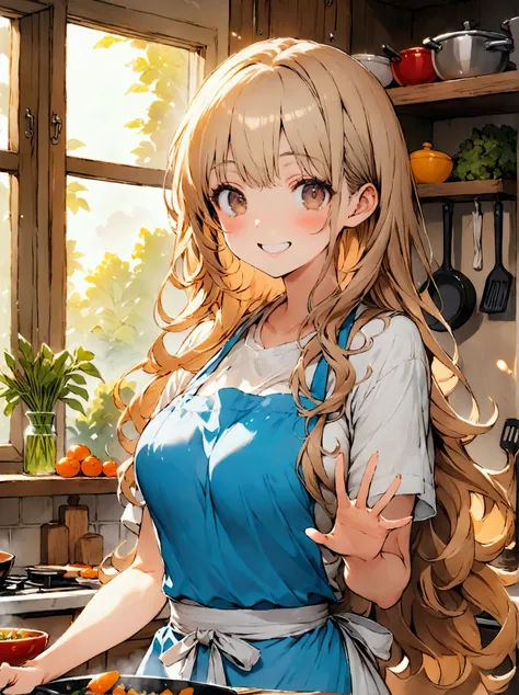 tall woman, soft brown wavy long hair, hair reaching chest, light brown eyes, slightly droopy eyes, smooth white skin, soft and round face, large bust, (slender body), kitchen, apron, cooking, smiling, cheerful, kitchen counter, wooden counter, ingredients...