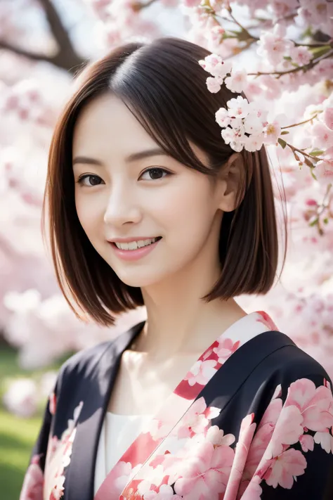 Realistic photos, Beautiful Eyes, A refreshing smile, Flowing black hair, Elegant kimono, Cherry blossom background, Calm expression, Soft lighting, Traditional Japanese art style, Vibrant colors, Peaceful atmosphere, Delicate features, Graceful posture