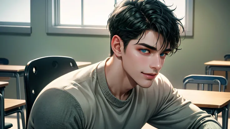 Ultra HD, high definition, Handsome young man, Grayish black hair, short hair, blue eyes, ombros largos, masterpiece, Absurd, Beautiful and detailed face, with dark green long sleeved sweater, Sunny daytime environment,  in a colorful classroom, gentle smi...