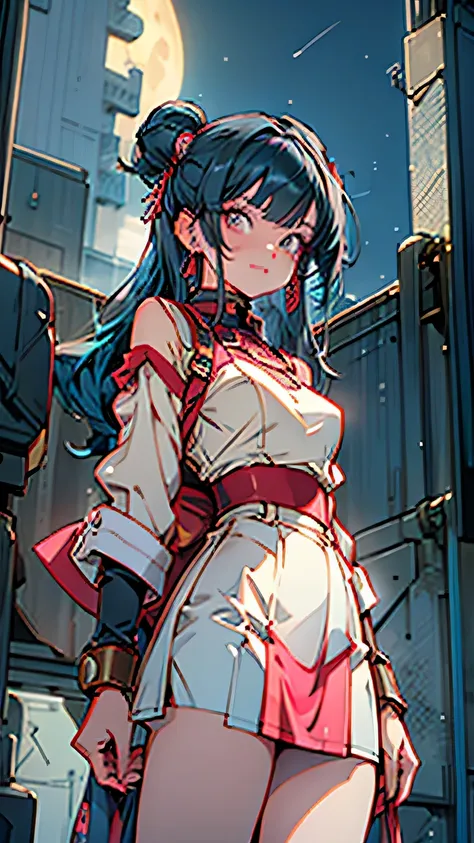 (masterpiece, best quality;1.3), extremely detailed ,ultra detailed,  1GIRL,solo,  twin tail,  large breast, evil smile, gundam(rx78), science fiction, mecha, , blue hair, solo, hair ornament, long hair, twin tail, gold eyes, jewelry, earrings, looking at ...