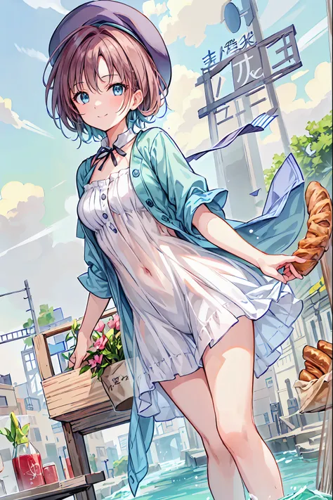 masterpiece, High-quality, Super detailed, 8k rendering by CG Unity, woman, Summer Theme, Medium brown hair, Enchanting and happy expression, In the heart of Paris, Eiffel Tower, Red Beret, smile, + Baguette Croissant，Brown Hair，Shortcuts，Messy Hair，Short ...