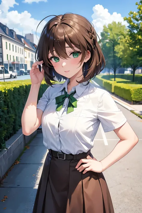 beautiful,cool,lady, brown hair, green eyes,tsurime,In the background is a German middle school in the 1950s, and the children are wearing uniforms,child,short messy hair