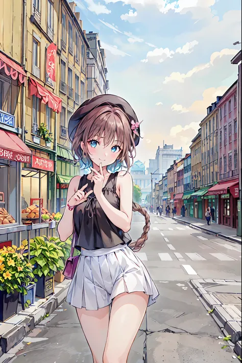 masterpiece, High-quality, Super detailed, 8k rendering by CG Unity, woman, Summer Theme, Medium brown hair, Black camisole，Enchanting and happy expression, In the heart of Paris, Eiffel Tower, Red Beret, smile, + Baguette Croissant，Brown Hair，Shortcuts，Me...