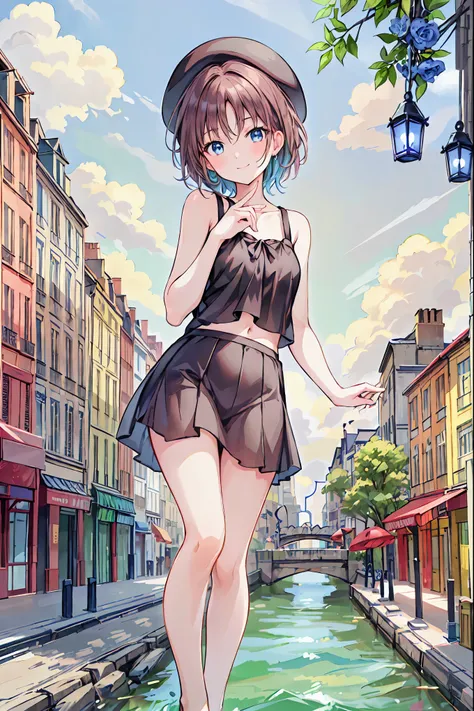 masterpiece, High-quality, Super detailed, 8k rendering by CG Unity, woman, Summer Theme, Medium brown hair, Black camisole，Enchanting and happy expression, In the heart of Paris, Eiffel Tower, Red Beret, smile, + Baguette Croissant，Brown Hair，Shortcuts，Me...