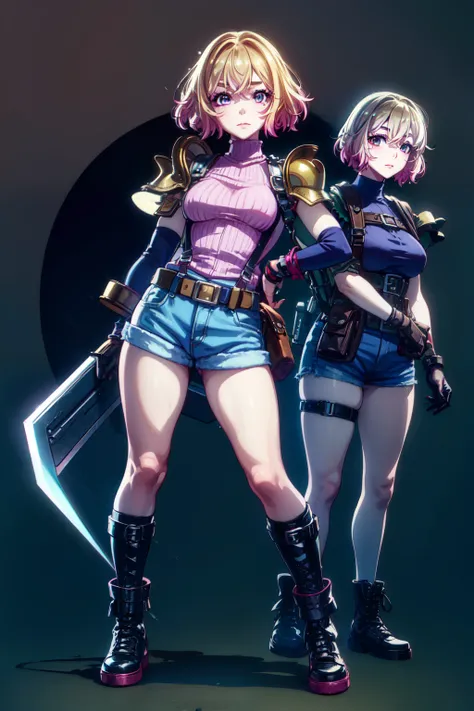 (masterpiece, best quality:1.2), pink glowing eyes, pink eyes, perfect face,Mami nanami , strong make up, highres, 1 girl, solo, make up, (female:1.5), strife, multcolored hair, shoulder armor, sleeveless turtleneck, suspenders, belt, gloves, bracer, evil ...