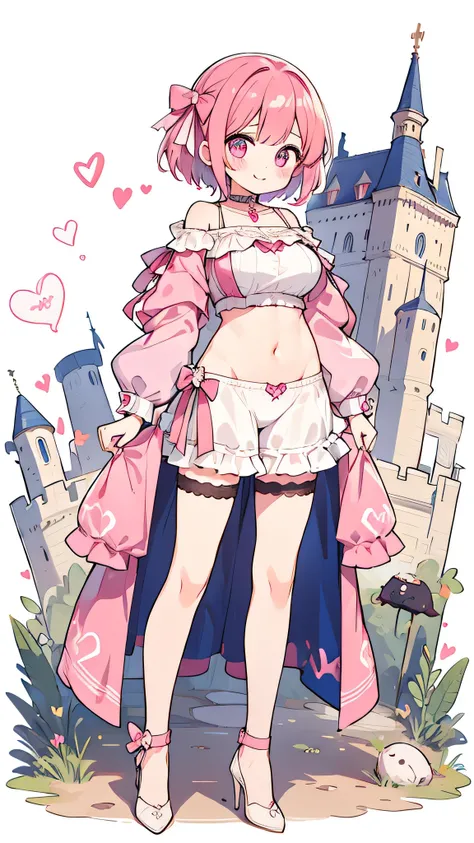 High resolution, masterpiece, Anatomically correct, Best Quality, One girl, smile、Blushing、Short Hair、Large, wide eyes、Shining Eyes、Pink Hair,Choker、Heart symbol、I can see your belly button、Thighs、High heels、Castle Ball、ribbon