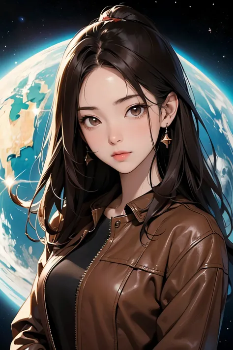 Beautiful Japanese woman. Detailed drawing of the face.An intelligent impression. Dark brown hair. She is looking at the camera with a serious expression. She is twenty-eight years old. She is wearing a brown leather jacket. In the space behind her is an i...