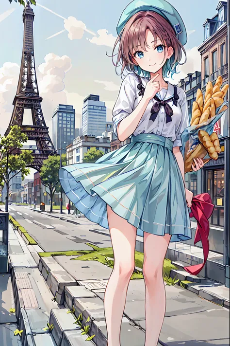 masterpiece, High-quality, Super detailed, 8k rendering by CG Unity, woman, Summer Theme, Medium brown hair, Enchanting and happy expression, In the heart of Paris, Eiffel Tower, Red Beret, smile, + Baguette Croissant，Brown Hair，Shortcuts，Messy Hair，Short ...