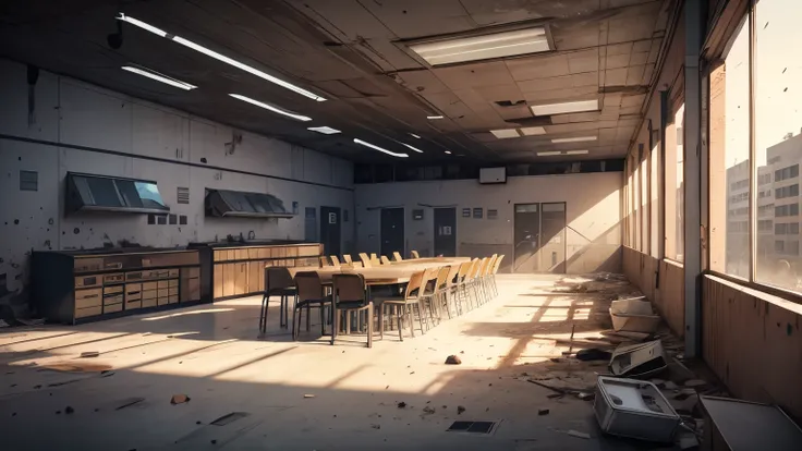 Company cafeteria in disaster and abandoned style vector realistic drawing