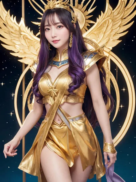 Saint Seiya,Miss Saori(Athena)The image is full of majesty and holiness。She has long smooth purple hair,Wear a silver helmet,There is a half-moon decoration in the center of the helmet,Symbolizes wisdom。She wears mainly silver、Armor with purple and gold de...