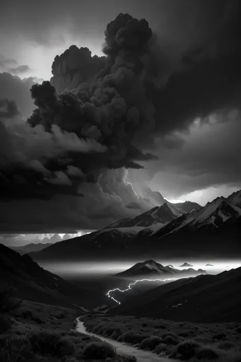 A dark, mountainous landscape in black and white, where imposing mountains rise beneath a sky laden with stormy clouds. In the background, several pillars of storms form, with lightning illuminating the scene in dramatic flashes. The sparse vegetation is c...