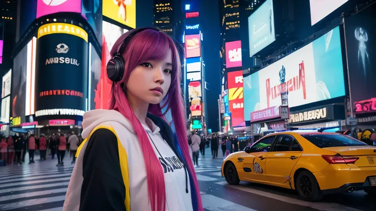 (In 8K、RAW Photos、Best Quality、masterpiece:1.2)、(Realistic、Photorealistic:1.37)、Super detailed、Super A high resolution、1 girl、Alone、Rainbow Hair、hoodie、Espadrilles、Straight Hair、Headphones、length、(Center of intersection)、night、neon、Times Square、Cyberpunk、P...