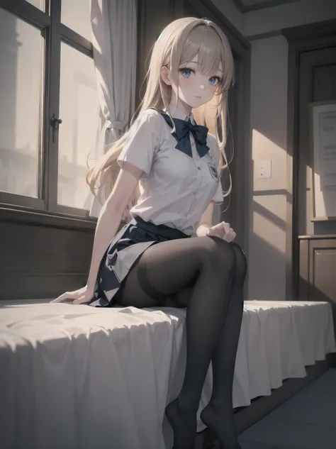 Masterpiece, photogravure style, 2D, one girl, solo, beautiful girl in an elegant school uniform, sitting gracefully, dynamic angles, detailed uniform design, prissy skirt, black tights, soft expression, cinematic lighting, ultra-detailed