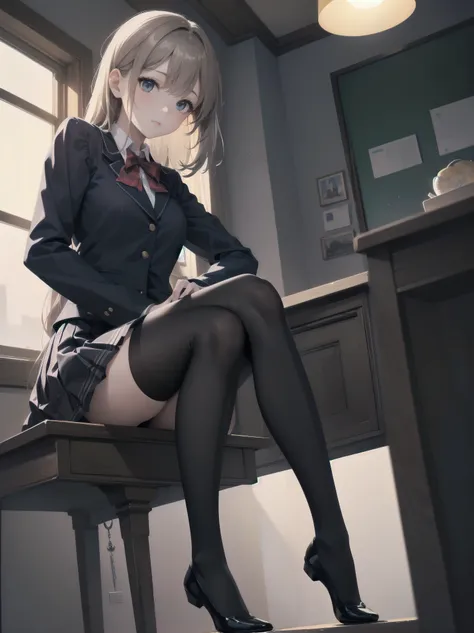 Masterpiece, photogravure style, 2D, one girl, solo, beautiful girl in an elegant school uniform, sitting gracefully, dynamic angles, detailed uniform design, prissy skirt, black tights, soft expression, cinematic lighting, ultra-detailed