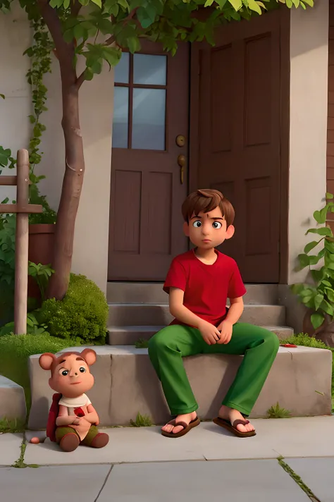 But at first, he had fair skin, brown hair, wore a red shirt, green pants, and sandals, and had no friends at all. Whenever he saw his friends playing, he would always sit and watch with loneliness. He thought, "Why dont we have any friends?" 