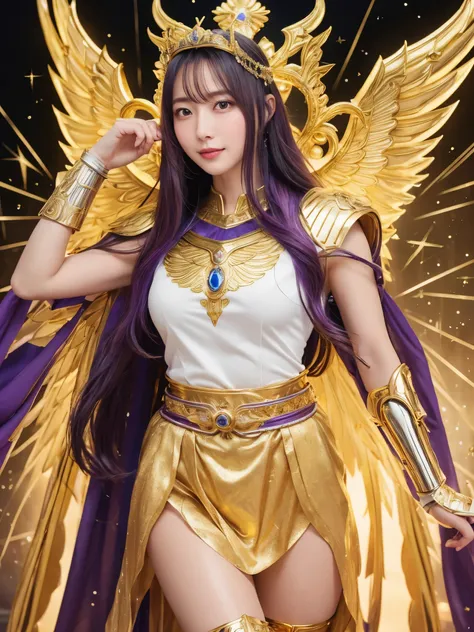 miss saori（athena）the image is full of majesty and holiness。she has long smooth purple hair，wear a silver helmet，there is a half...