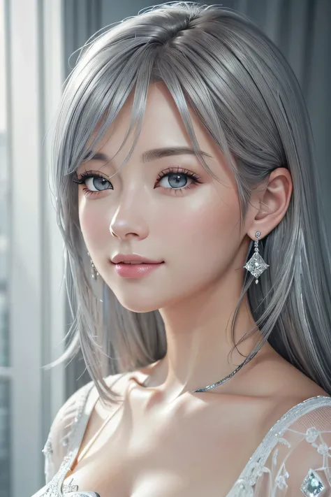 8K wallpaper, RAW Photos, (A small smile:1.1)、( Big Breasts :1.4 )、( Diamond Earrings )、( Beautiful )、( Silver-gray hair )、( Silver Eyes )、 　Best Quality､　masterpiece:1.2、( High contrast、　Ultra-high resolution、Ultra-high resolutionで描かれたすべて、Masseter region、...