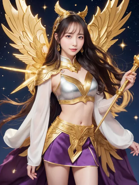 miss saori（athena）the image is full of majesty and holiness。she has long smooth purple hair，wear a silver helmet，there is a half...