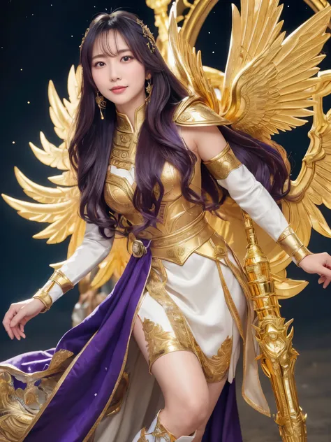 miss saori（athena）the image is full of majesty and holiness。she has long smooth purple hair，wear a silver helmet，there is a half...