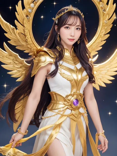 miss saori（athena）the image is full of majesty and holiness。she has long smooth purple hair，wear a silver helmet，there is a half...