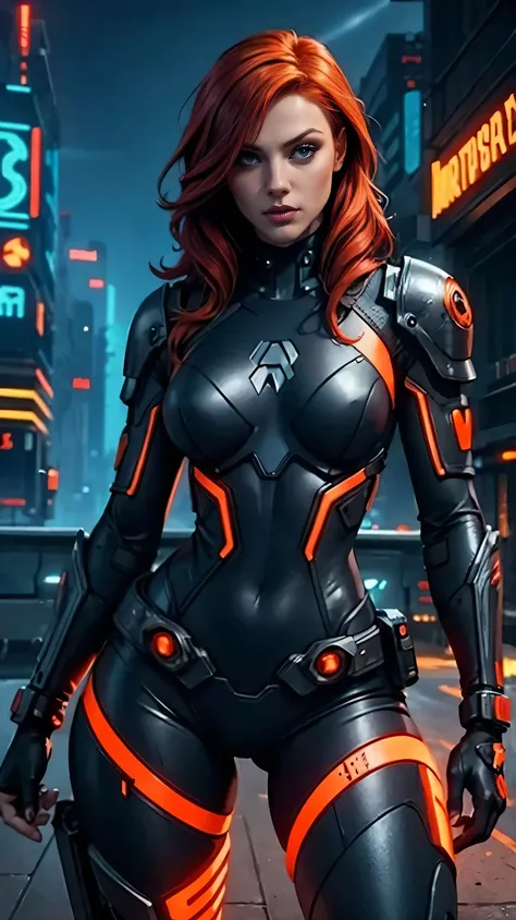 redhead female sexy cyberpunk setting wearing black armor bodysuit with orange glowing lines in city night high quality masterpi...