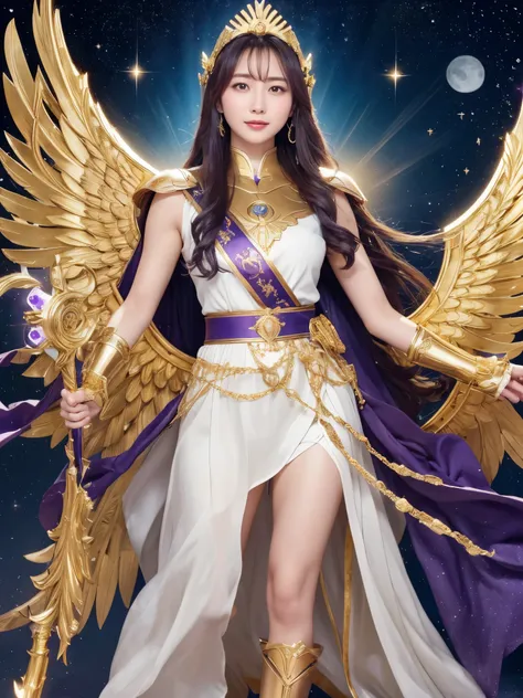 miss saori（athena）the image is full of majesty and holiness。she has long smooth purple hair，wear a silver helmet，there is a half...