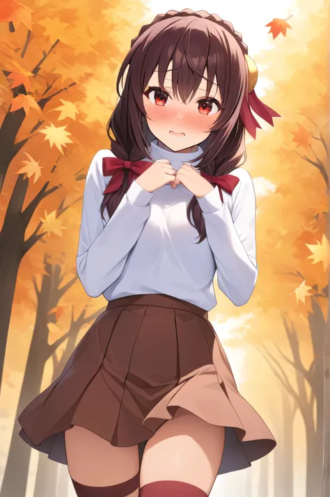 masterpiece,Best Quality, High resolution,One person, Yunyun、My name is Yunyun, Crown braids in the same color as your hair, Red eyes、Hair Accessories, Hair Ribbon, White turtleneck、Brown Skirt, Knee socks、(Embarrassed look:1.4)、(blush:1.4)、autumn