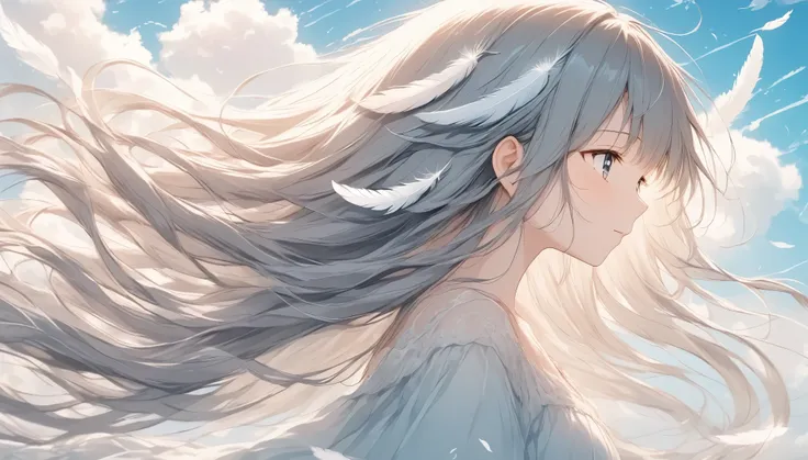 ((light lines and soft colors create a dreamy effect., a fleeting impression..)),gray hair、long hair、cute angel、my hair flutters...