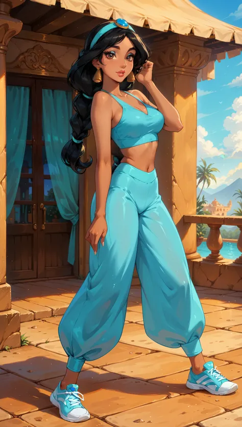 score_9, score_8_up, score_7_up, rating_questionable, epiCPhoto, 1girl, very sexy (Disneys Jasmine, ja_n, arabian woman, brown skin, black hair, brown eyes, thick braid, turquoise headband with sapphire:1.1), beautiful waifu, yogapants, sky blue yoga pants...