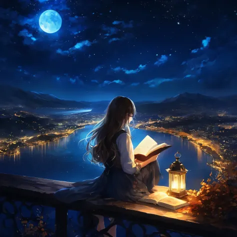 a woman reading in a study、long hair and glasses、dim lights、quiet autumn night、navy blue light, bright, magical night sky, shape...