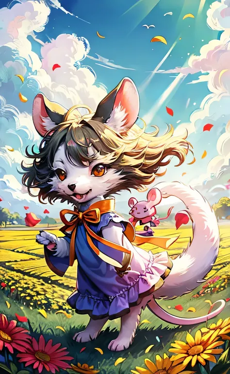 Image of a colorful mouse in a flower field