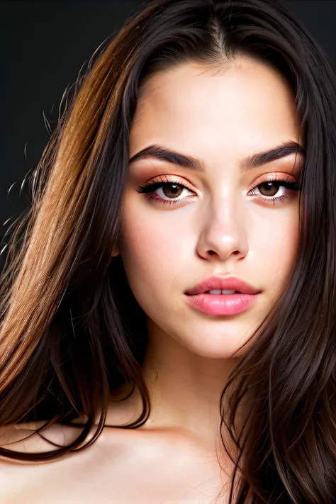 portrait of a young beautiful sexy woman, facing camera, entire face and hair, white background, closed mouth with large lips, around 2, brown eyes, not so perfect skin, european, straight long black hair, light make up, studio lighting, photorealistic, 4K...