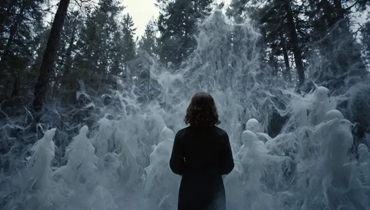 Engulfed By black, Deep in the forest a girl stands surrounded by ghosts, lovecraftian, horror, still from the movie "the thing" 