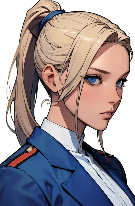 adult woman, Madura, blue eyes, long blonde hair tied in a ponytail, wearing white military clothes.