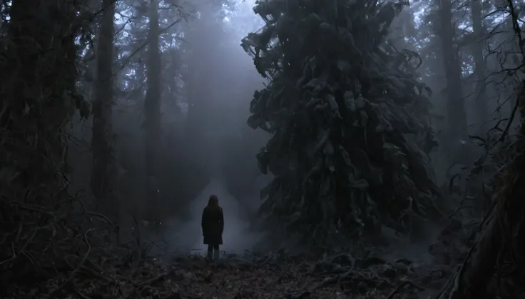 Engulfed By black, Deep in the forest a girl stands surrounded by ghosts, lovecraftian, horror, still from the movie "the thing" 