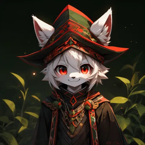 High Resolution, 4k, Anatomically Correct, UHD, Cat furry, big eyes, black nose, white ears, white tail, small, cute, smiling, fluffy fur, green and red eyes, medium length hair, white hair, androgynous, male, solo, black red and green mage outfit, black r...