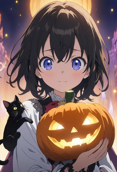 An anime illustration of a magician based on orange, screenshots of the anime, a girl holding a magic stick made of neon-lit candy, and a fantasy story depicting a ghost with a pumpkin-shaped face. Illustration, with a black cat who is a good friend, the b...