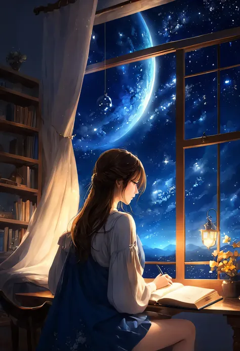 a woman reading in a study、long hair、beautiful顔、dim lights、quiet autumn night、navy blue light, bright, magical night sky, shape,...