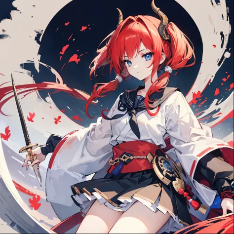 high quality, masterpiece, Delicate Hair, Delicate eyes, Delicate Hair, ((masterpiece, 最high quality)), Delicate eyes, One Girl, ((Bright red)), ((Japanese sword)),  ((Redhead)), ((blue eyes)) ,((beautiful girl)), smile, Delicate Hair, Japanese sword, Deli...