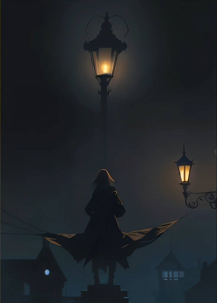 Back view of a woman in cloak standing on a back of giant dark bird flying in the lamppost in the dark, girl under lantern, inspired by Jakub Schikaneder, concept illustartion, 2d illustration, 2 d illustration, calm night. digital illustration, 2d concept...