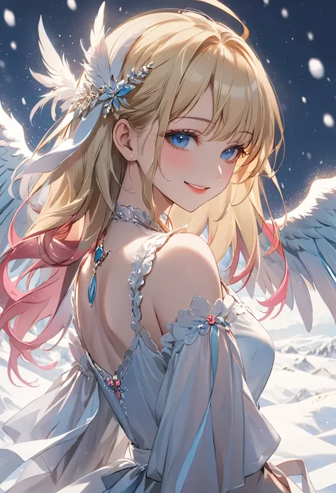 detailed illustration，8k , (masterpiece) ，1 Angel Girl , alone , wing，delicate face,blue eyes , feather , snow white skin，Happy smile，beautiful light and shadow, Light Particles，long blonde hair，White and pink dress