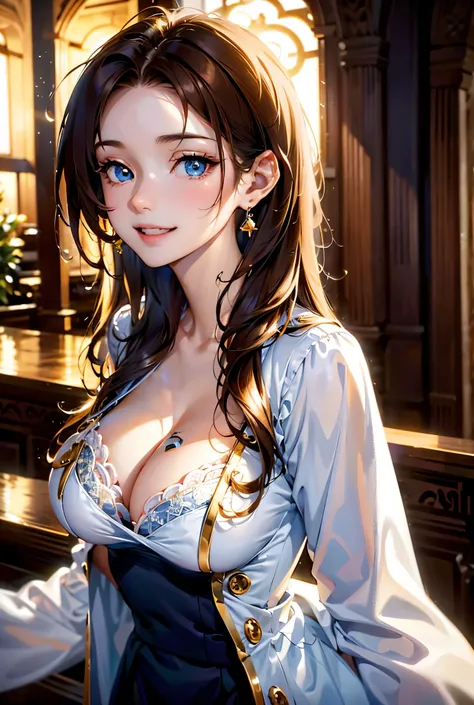 1 girl, Solo, High resolution, Long hair, chest, smile, Blue eyes, Brown hair, decorationsผม, decorations, Golden eyes, earring, Depth of field, Best quality, Backlight, 