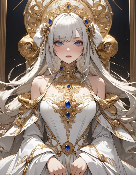 masterpiece, high quality illustrations, wearing gorgeous white clothes and gold accessories, (absurd, high resolution, super de...