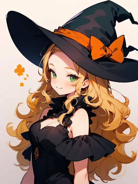 sideview,(looking at viewer),Alone,upperbody,blonde wavy curly hair,big forehead,green eyes,smile,offshoulder,Sleeveless Halloween Witch Dress、Sexy Gothic Dress、Witch Hat、(manga style),(sketch),(illustration),