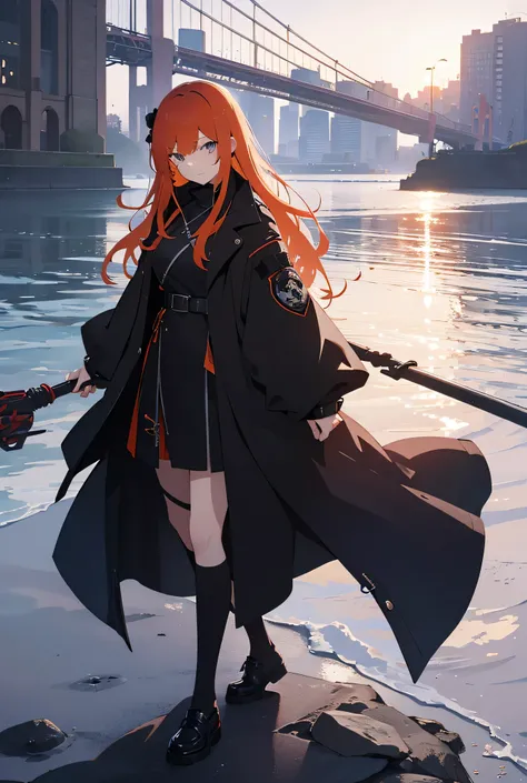 Attractive anime girl with long lush beautiful orange hair, She is wearing a black Ronin style jacket, Full-length, stylish girl, (full length), dark sky, megalopolis, tall sexy girl, comfortable shoes, Slender girl, The mysterious girl, Shes looking at us...