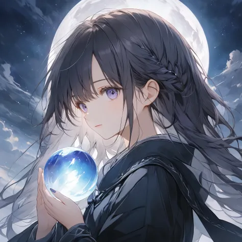 A girl stands under the night sky, faintly illuminated. Her hair is a dark purple or black tone, and sways slowly in the wind. The orb of light she holds glows weakly, and the light radiates and spreads with shadows. The background is covered with heavy bl...